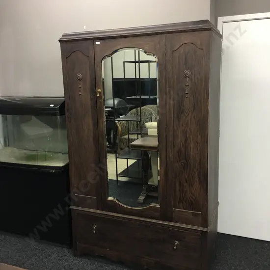 Dark Oak Wardrobe, Single Door With Bevelled Edge Mirror, Drawer At Base. Locked No Key