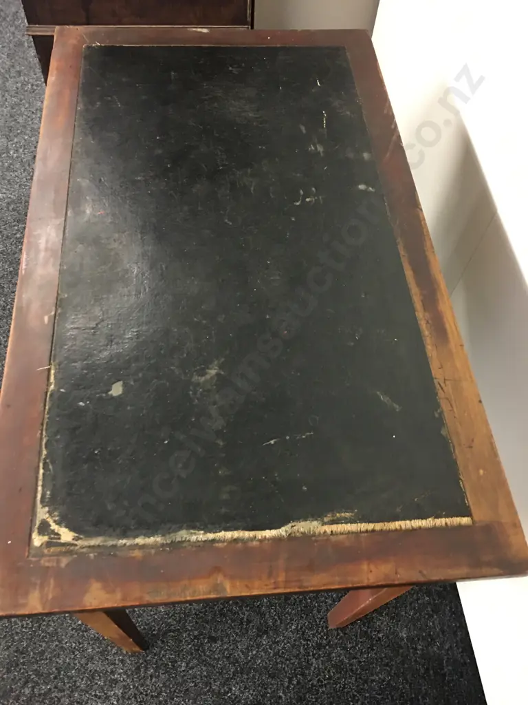 Antique 2 Drawer Writing Desk, Black Leather Top, Metal Drop Handles. H76 W86 D50cm Image 1++