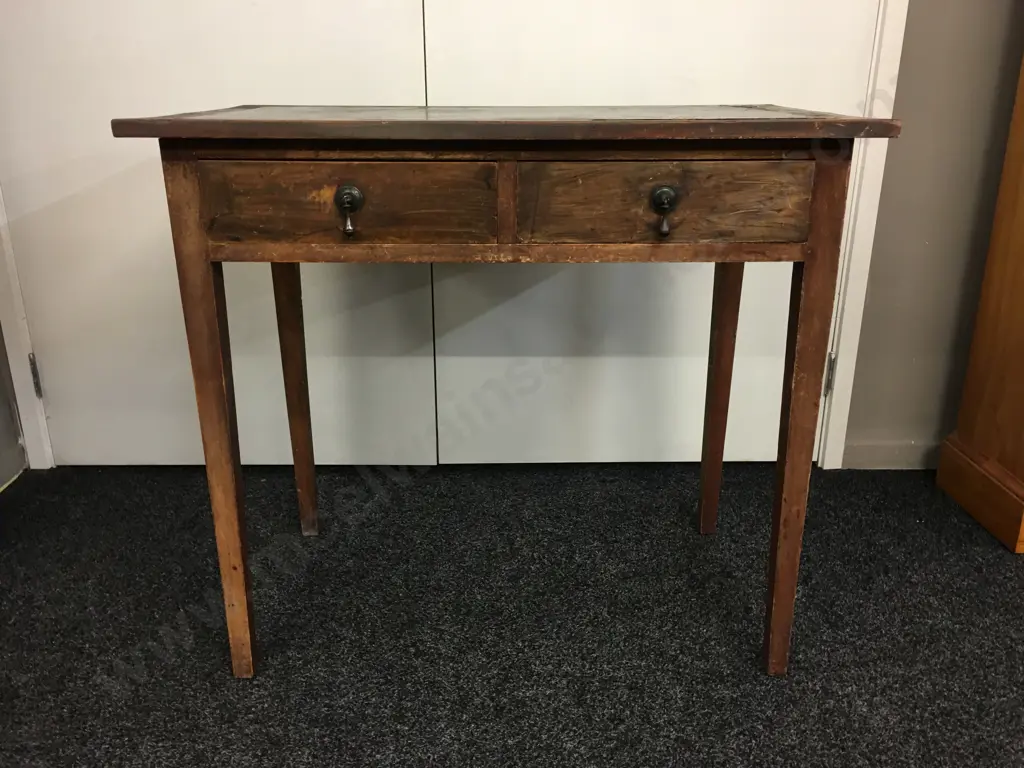 Antique 2 Drawer Writing Desk, Black Leather Top, Metal Drop Handles. H76 W86 D50cm Image 1++