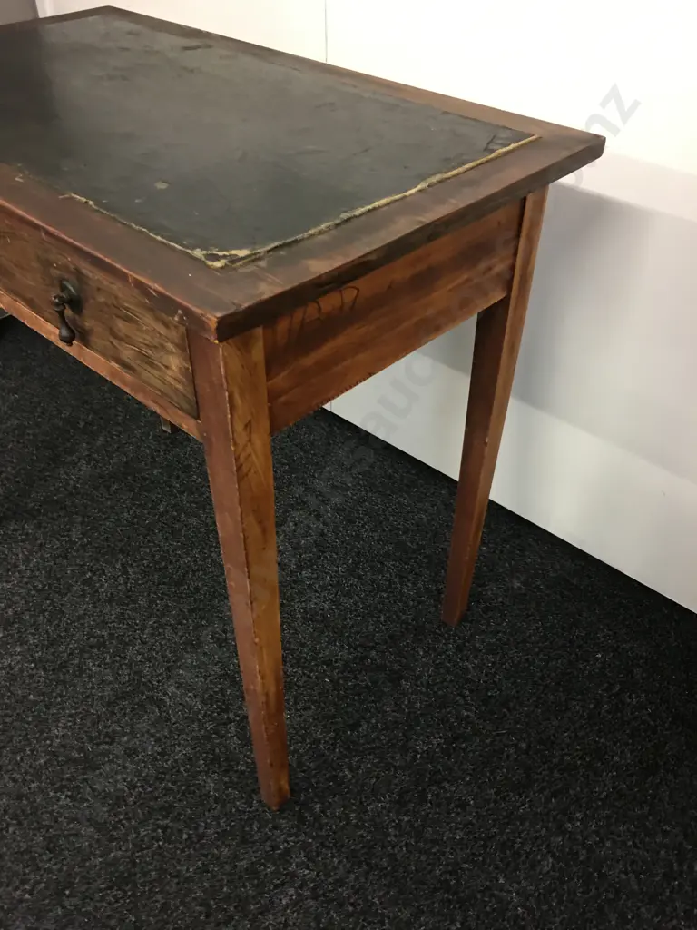 Antique 2 Drawer Writing Desk, Black Leather Top, Metal Drop Handles. H76 W86 D50cm Image 1++