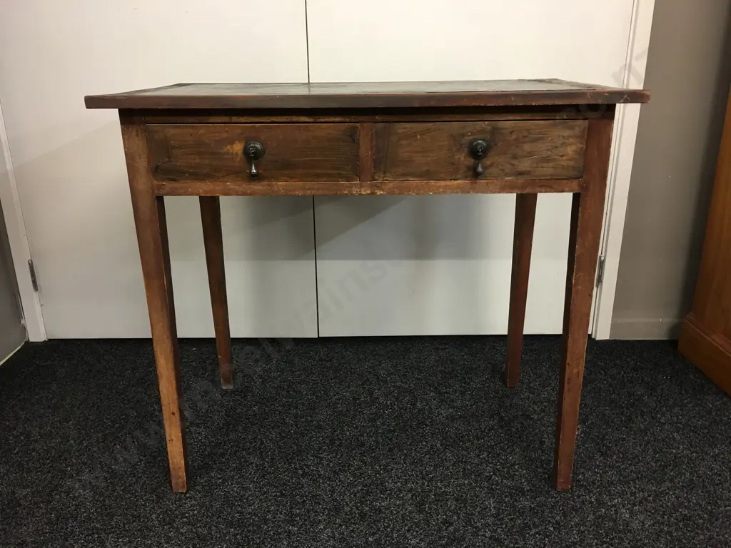 Antique 2 Drawer Writing Desk, Black Leather Top, Metal Drop Handles. H76 W86 D50cm Image 1++