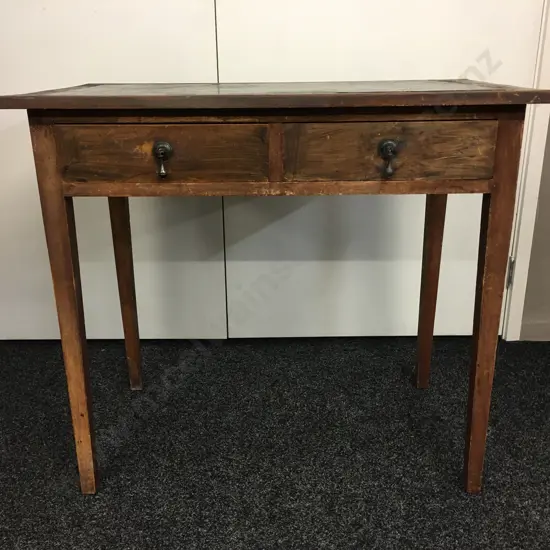 Antique 2 Drawer Writing Desk, Black Leather Top, Metal Drop Handles. H76 W86 D50cm