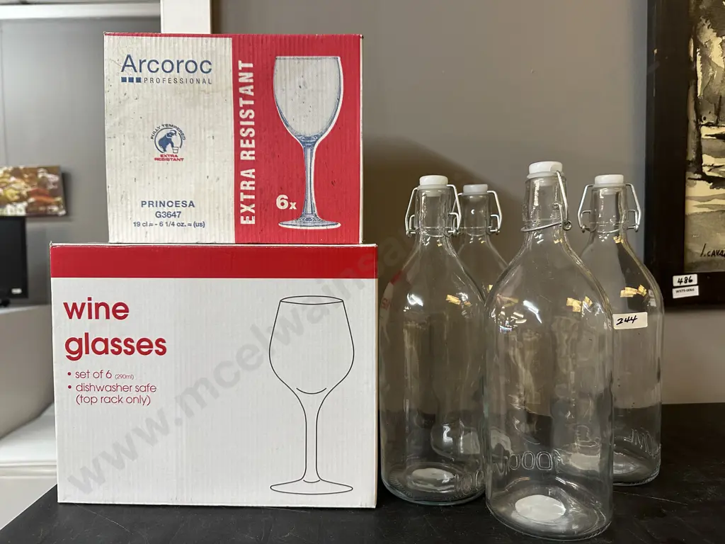 Boxed Wine Glasses, Boxed Princesa Glasses & 4 Clip Top Glass Bottles (Sold With -018) Image 1++