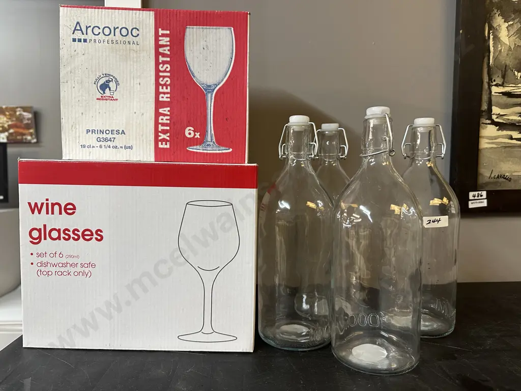 Boxed Wine Glasses, Boxed Princesa Glasses & 4 Clip Top Glass Bottles (Sold With -018) Image 1++