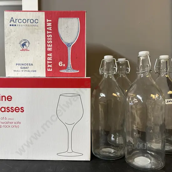 Boxed Wine Glasses, Boxed Princesa Glasses & 4 Clip Top Glass Bottles (Sold With -018)