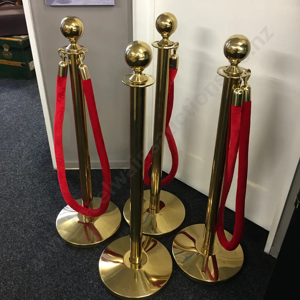4 Polished Brass Finish Ball Top Rope Stanchions With Sloped Weighted Bases, 3x 160cm Red Velvet Hanging Stanchion Ropes Image 1++