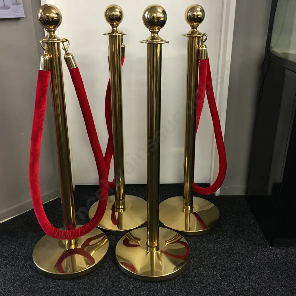 4 Polished Brass Finish Ball Top Rope Stanchions With Sloped Weighted Bases, 3x 160cm Red Velvet Hanging Stanchion Ropes Image 1++