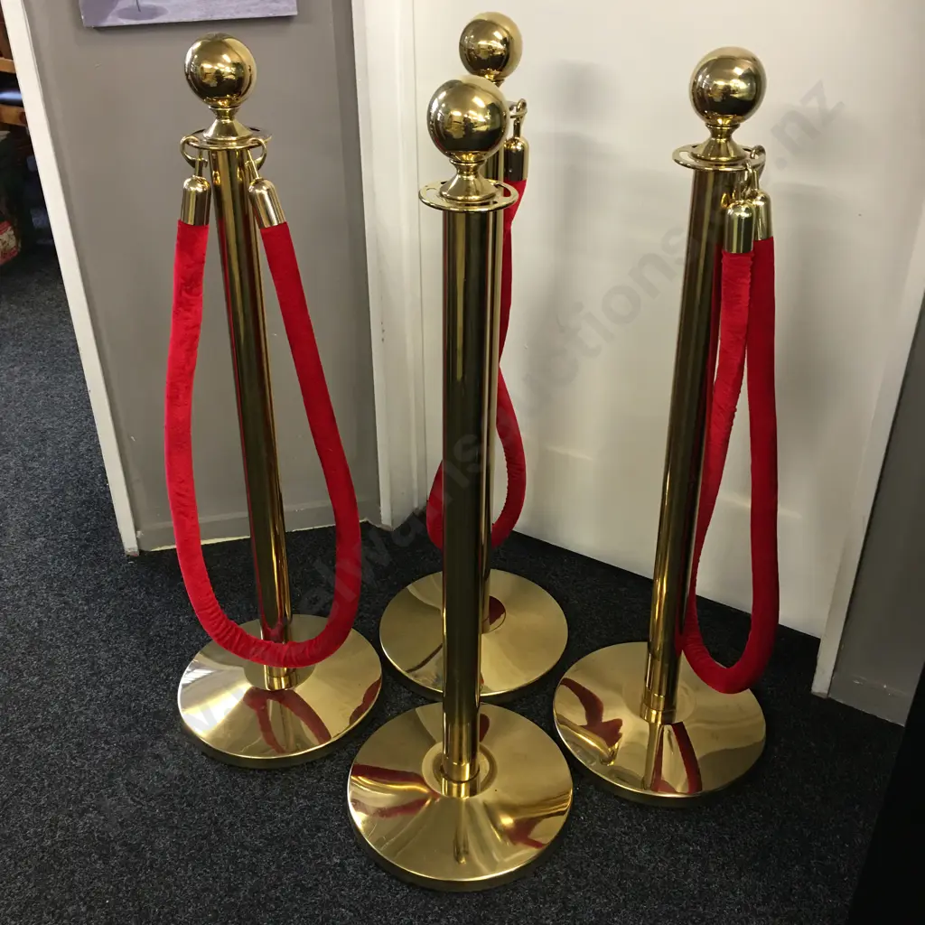 4 Polished Brass Finish Ball Top Rope Stanchions With Sloped Weighted Bases, 3x 160cm Red Velvet Hanging Stanchion Ropes Image 1++