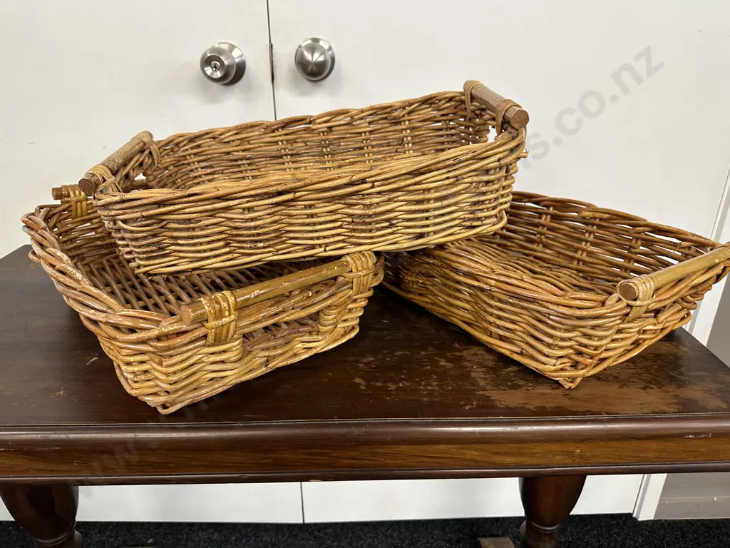 Cane Serving Trays x3 With Wooden Handles Image 1++