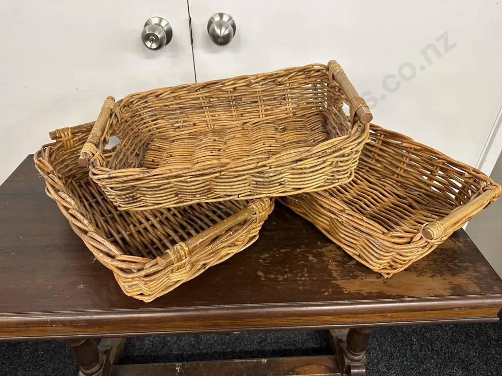 Cane Serving Trays x3 With Wooden Handles Image 1++