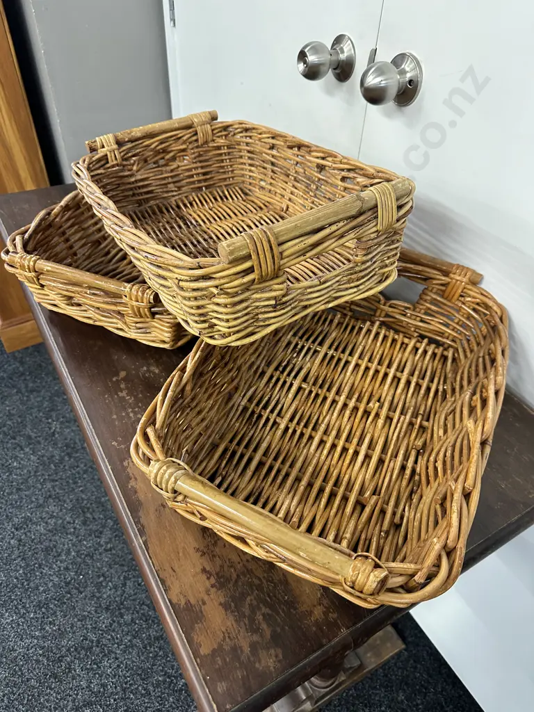 Cane Serving Trays x3 With Wooden Handles Image 1++