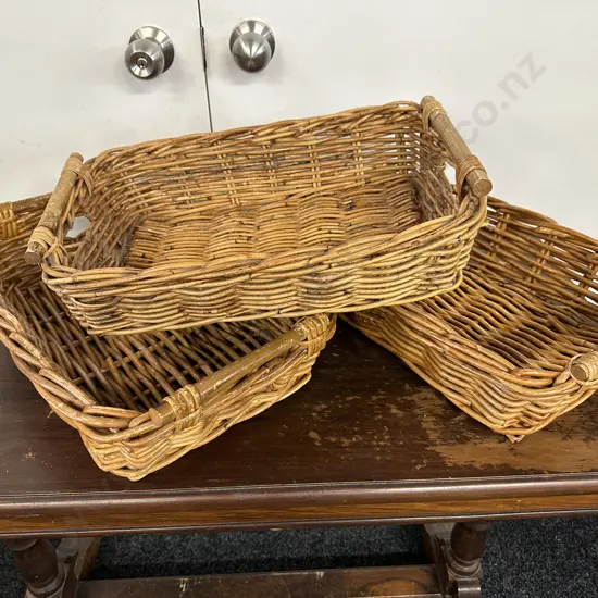 Cane Serving Trays x3 With Wooden Handles