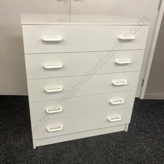 White 5 Drawer Tallboy. H93 W80 D40cm