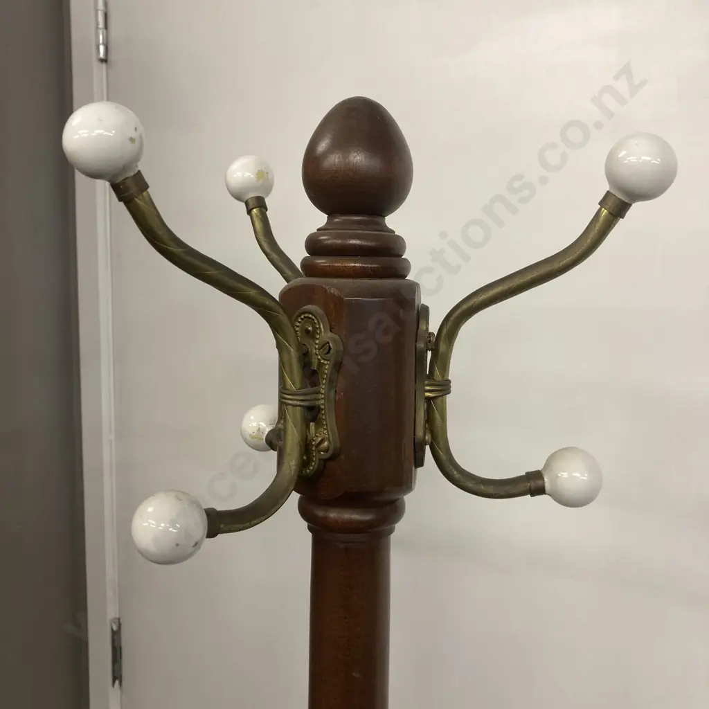 Wooden Coat Rack With Ornate Brass Hooks & Lions Paw Feet. H158cm Image 1++