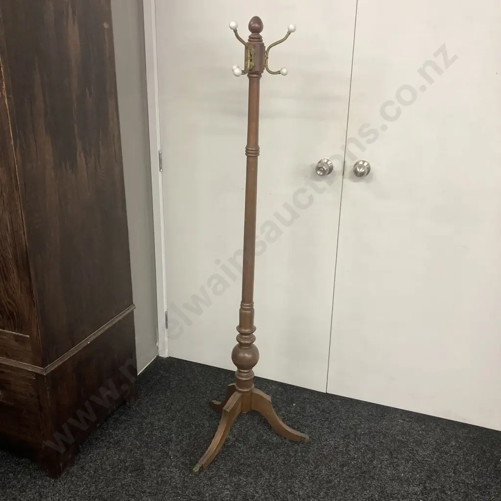 Wooden Coat Rack With Ornate Brass Hooks & Lions Paw Feet. H158cm Image 1++