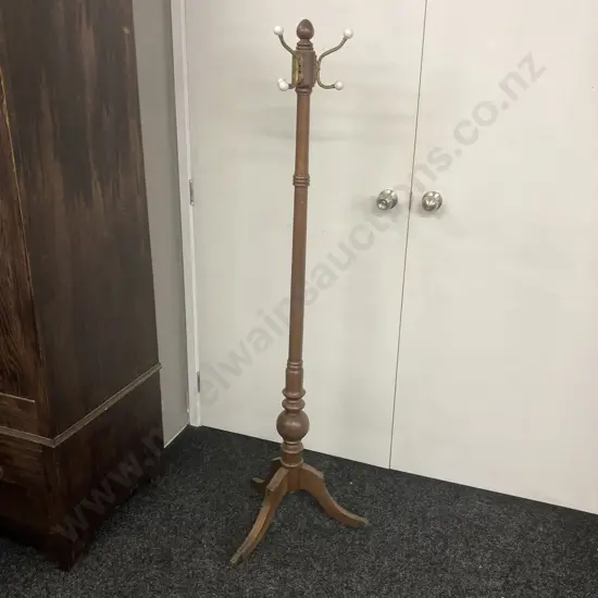 Wooden Coat Rack With Ornate Brass Hooks & Lions Paw Feet. H158cm