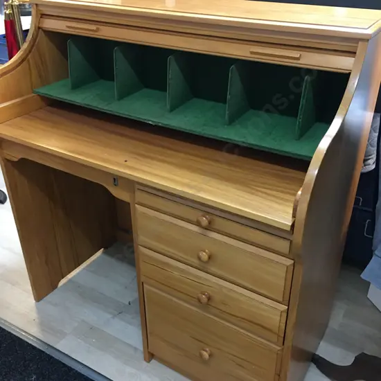 Vintage Rimu Roll Top Desk, Felt Fitted Interior. H108 W101 D52cm