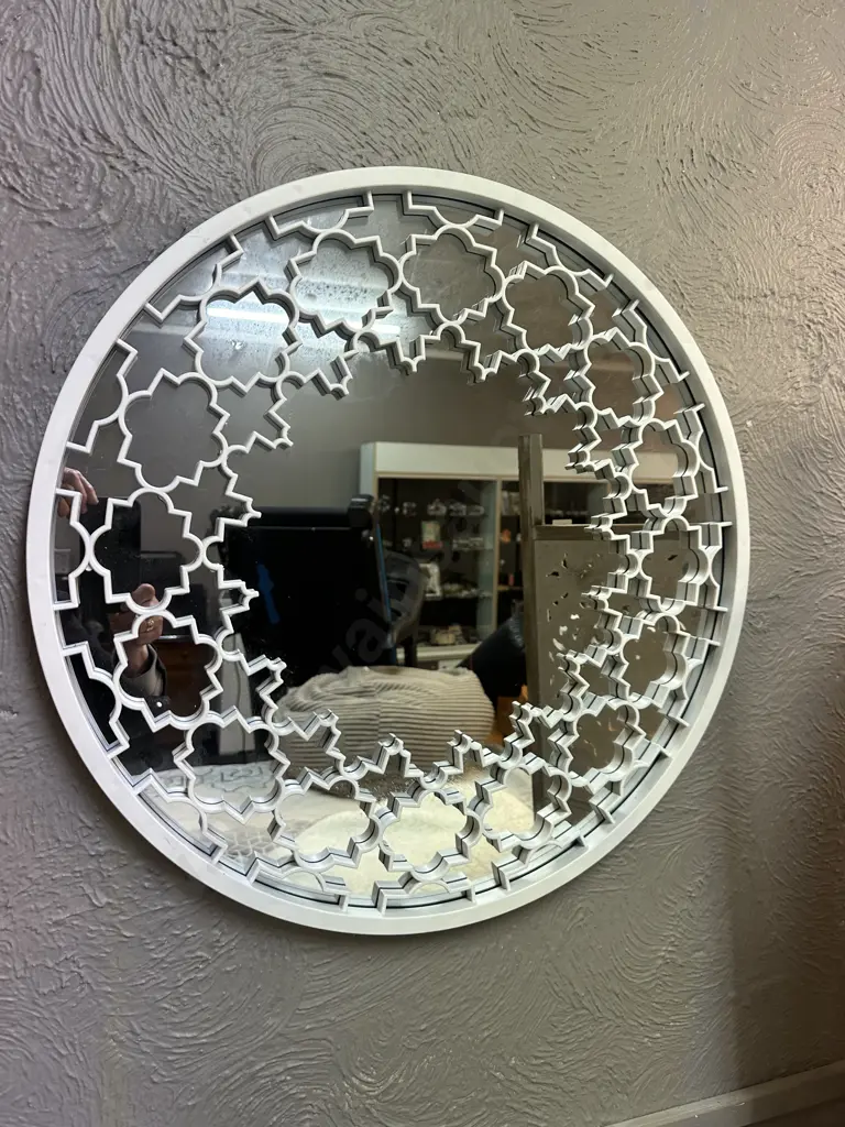 Round White Moroccan Style Framed Mirror. Dia 61cm Image 1++
