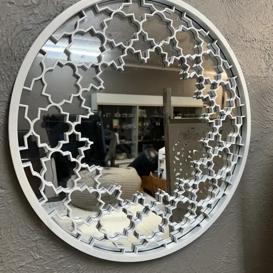 Round White Moroccan Style Framed Mirror. Dia 61cm