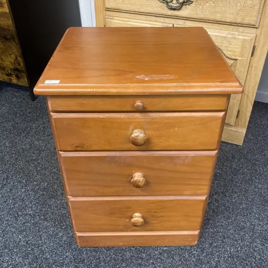 Pine 3 Drawer Bedside Cabinet With Pullout Shelf. H62 W47 D43cm
