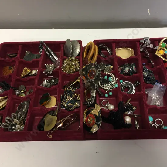 Vintage Costume Jewellery Earrings In Burgundy Sectioned Tray