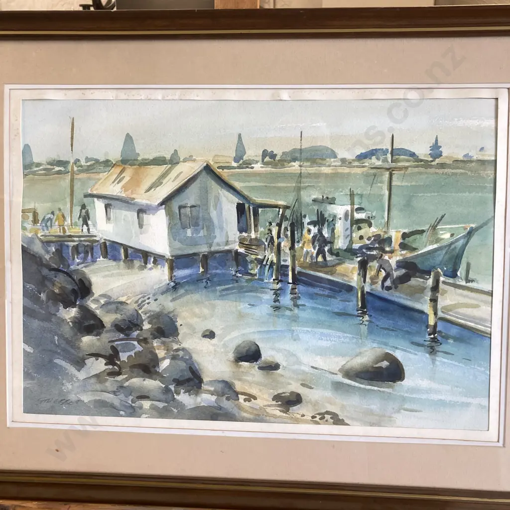 Sid Ebbett Watercolour Pilot Bay Mt Maunganui, Signed. 50 x 65cm Glazed Framed Image 1++