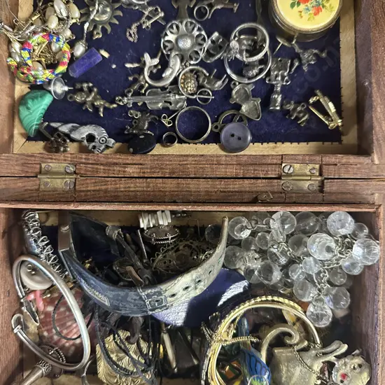 Wooden Inlaid Jewellery Box With Assortment of Jewellery Including Some Marked 925