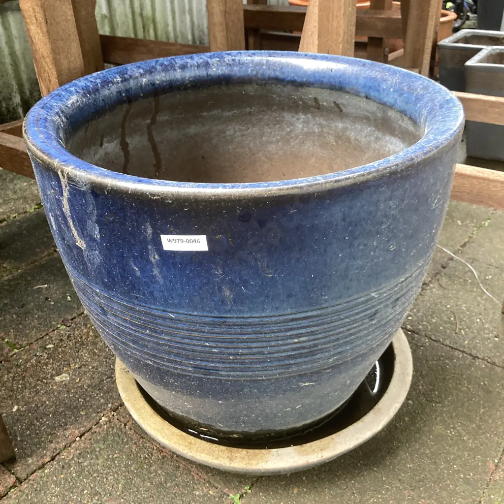 Blue Glazed Plant Pot With Saucer. 35 x 39cm Image 1++