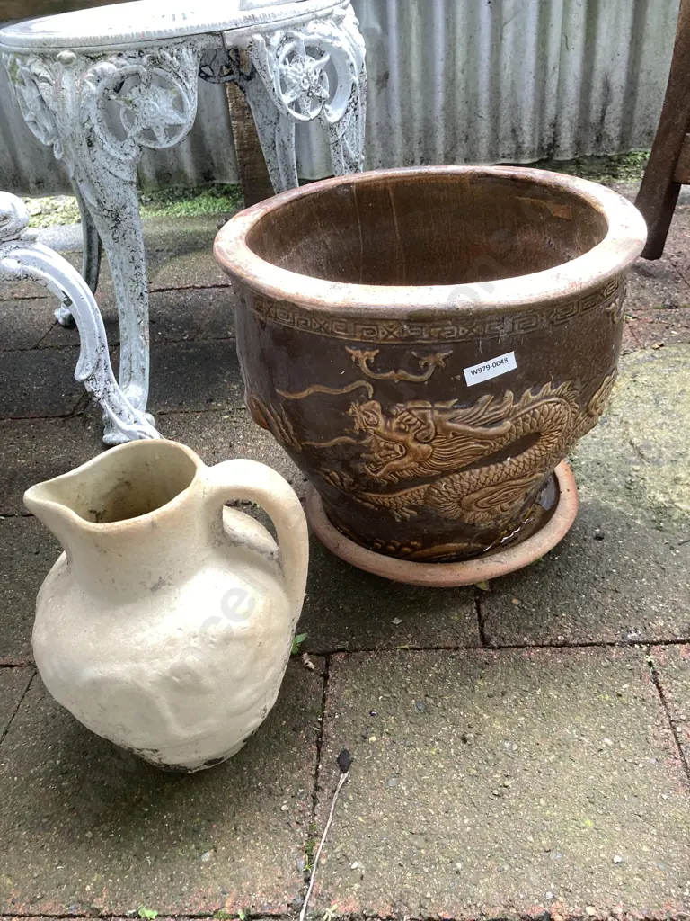 Plant Pot With Raised Dragon Detail (27 x 30cm) & Pottery Jug Image 1++