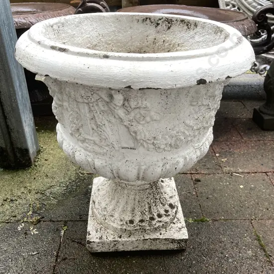 Concrete Urn On Pedestal Painted White. 47 x 42cm