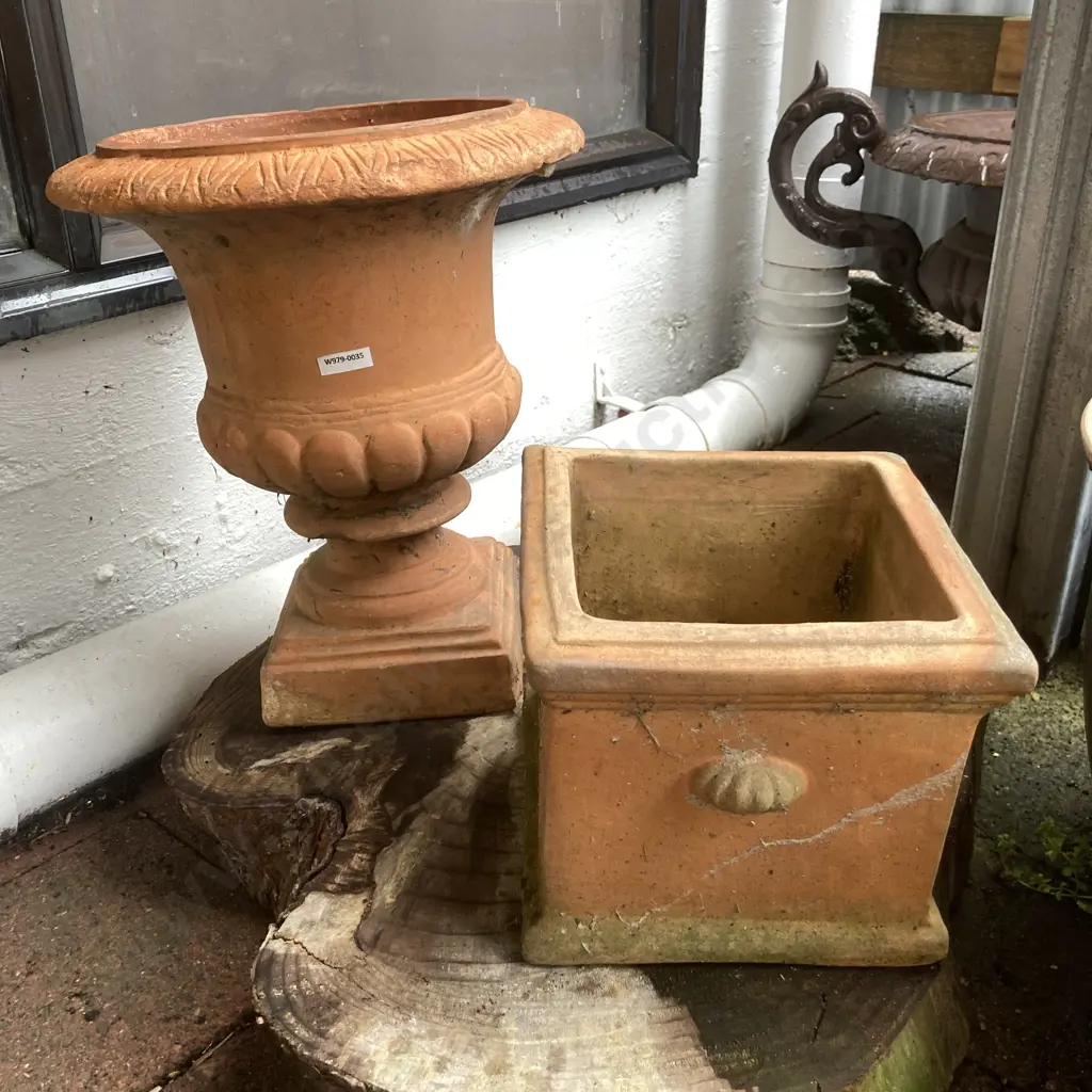 Terracotta Urn On Pedestal (39 x 33cm) & Square Terracotta Planter Image 1++