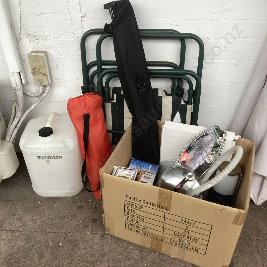 Camping Chair, Water Container & Box Lot Camping Items Image 1++
