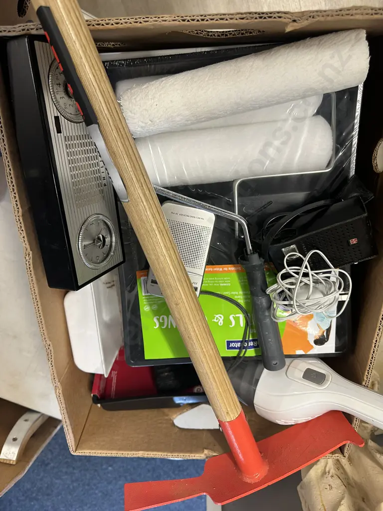 Box Of Assorted Hardware Items, Including New Atlas Grubber, Black & Decker Dust Buster, Radios Etc Image 1++