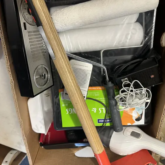 Box Of Assorted Hardware Items, Including New Atlas Grubber, Black & Decker Dust Buster, Radios Etc