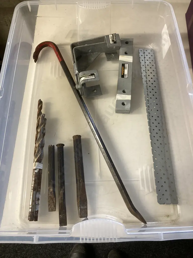 Box Lot Stanley Crowbar, Cold Chisels, Drill Bits, Galvanised hardware Items Etc Image 1++