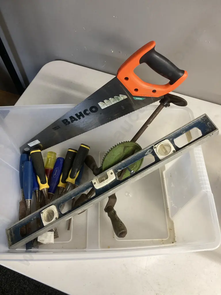 Box Lot Chisels, Level, Hand Saw Etc Image 1++