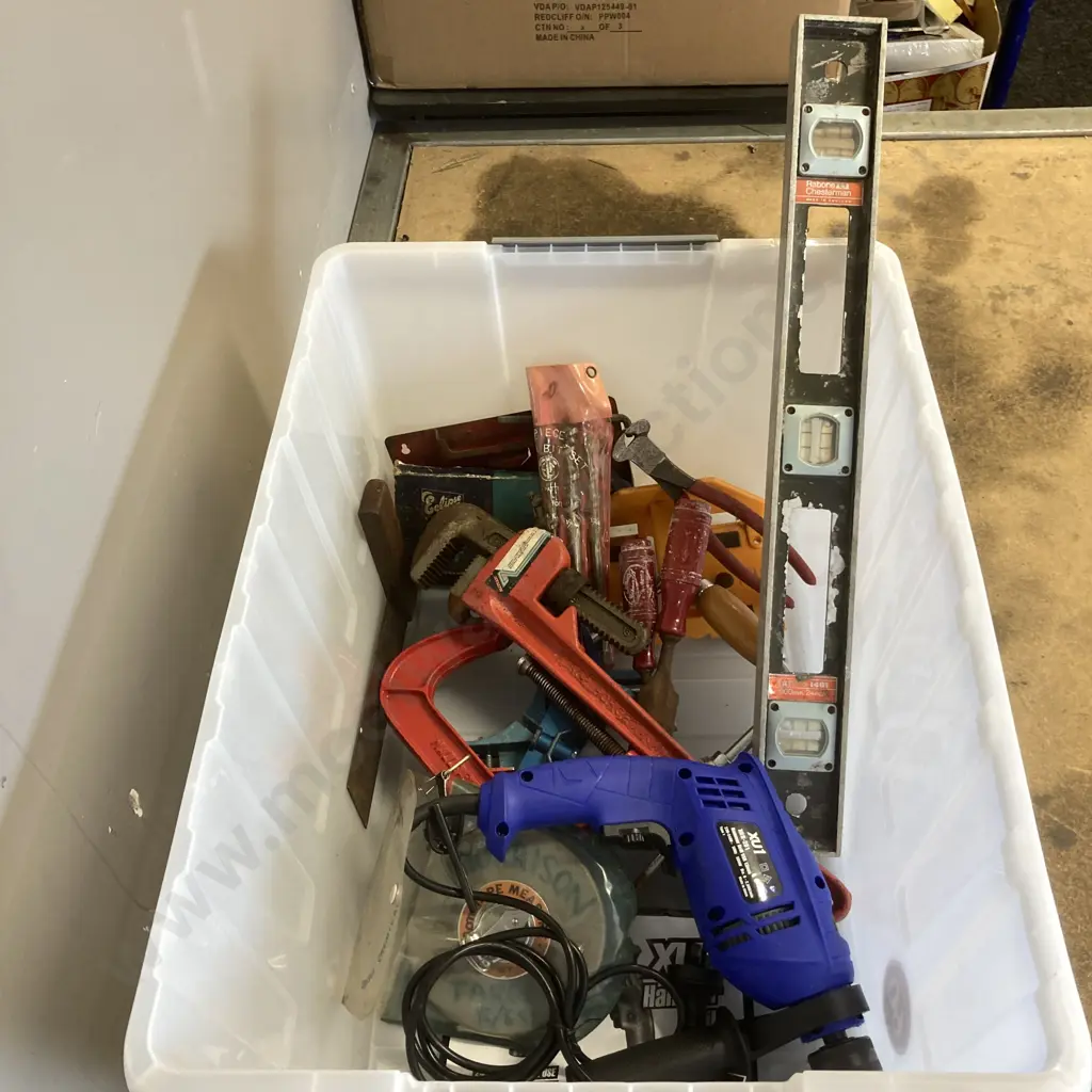 Lidded Bin With Tools, Level Etc Image 1++