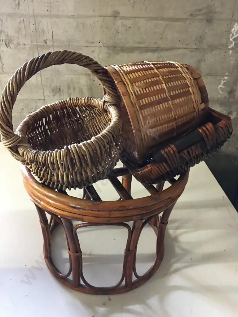 Round Cane Stool & Assorted Baskets Image 1++
