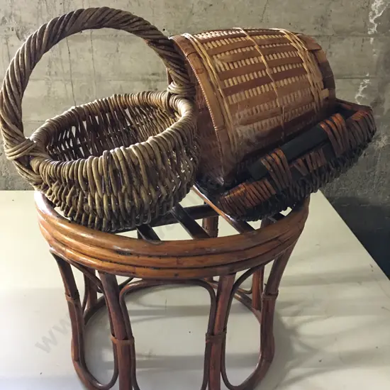 Round Cane Stool & Assorted Baskets