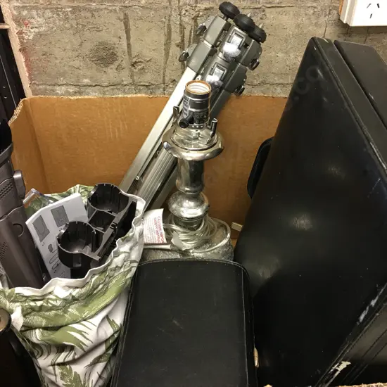 Briefcase, Vintage Colourburst Instant Camera, Tripod, Lamp Base Etc