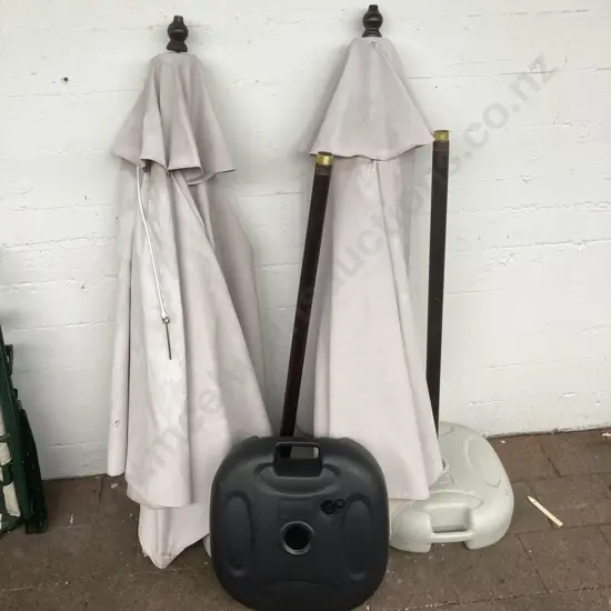 Pair Of Patio Umbrellas & 3 Plastic Bases