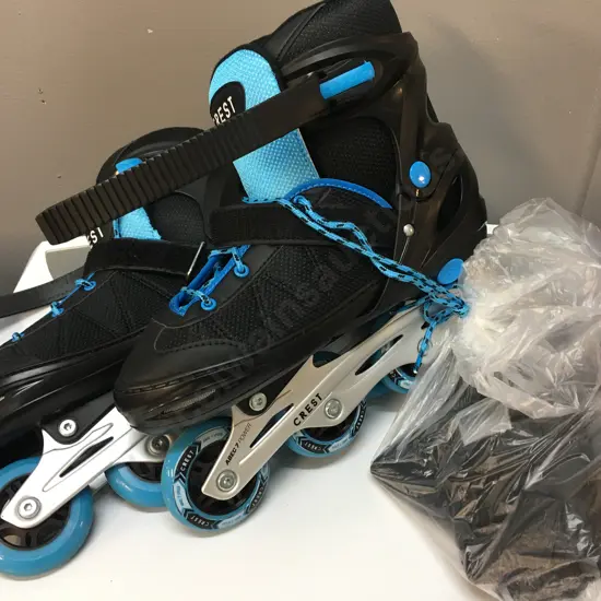 Pair Of Crest Roller Blades Black/Blue With Knee Pads