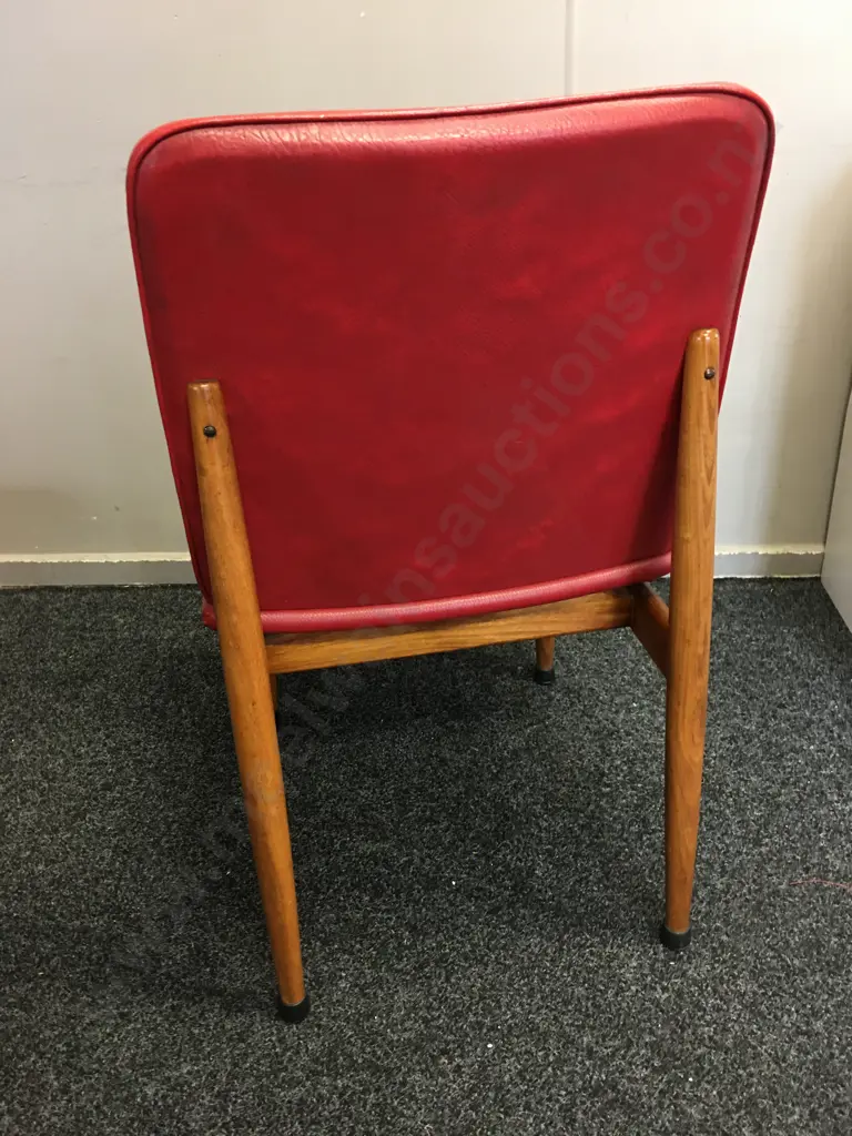 Mid Century Single Oak Framed Side Chair Red Vinyl Upholstered Seat & Back Image 1++