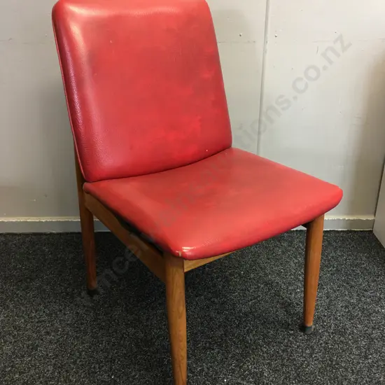 Mid Century Single Oak Framed Side Chair Red Vinyl Upholstered Seat & Back