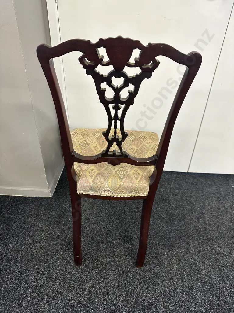 Antique Victorian Mahogany Chair Carved Fret Back & Patterned Upholstered Seat Image 1++