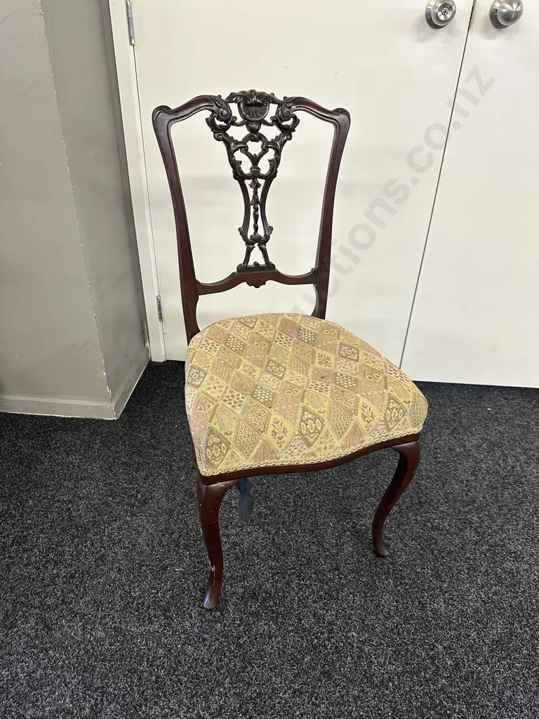 Antique Victorian Mahogany Chair Carved Fret Back & Patterned Upholstered Seat Image 1++