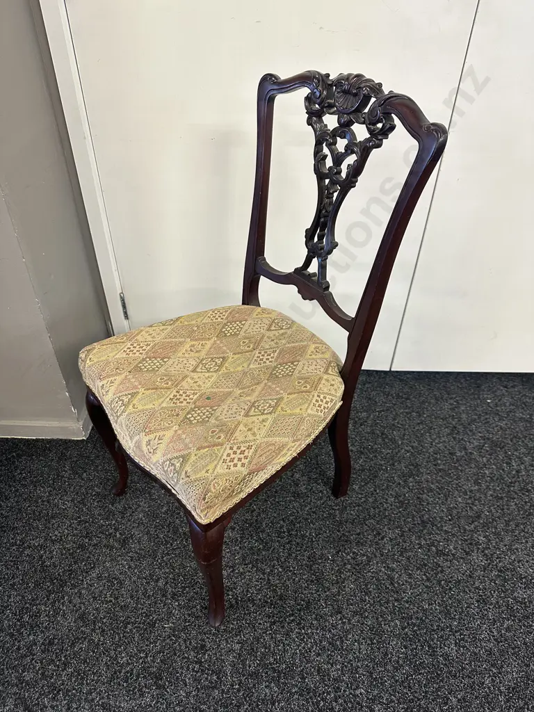 Antique Victorian Mahogany Chair Carved Fret Back & Patterned Upholstered Seat Image 1++