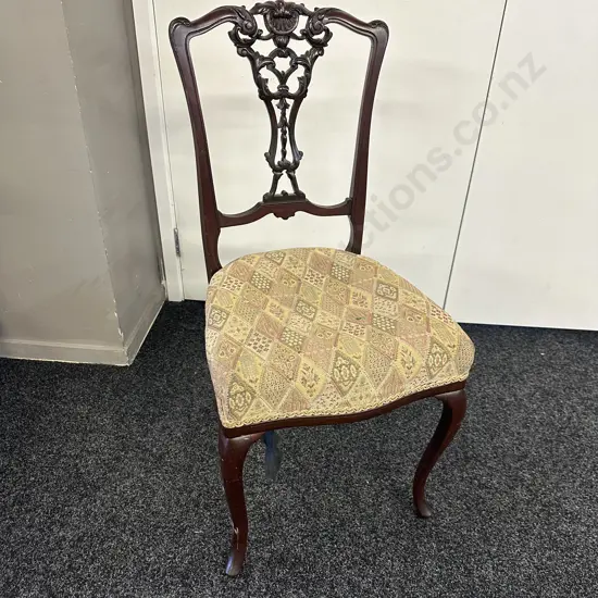 Antique Victorian Mahogany Chair Carved Fret Back & Patterned Upholstered Seat