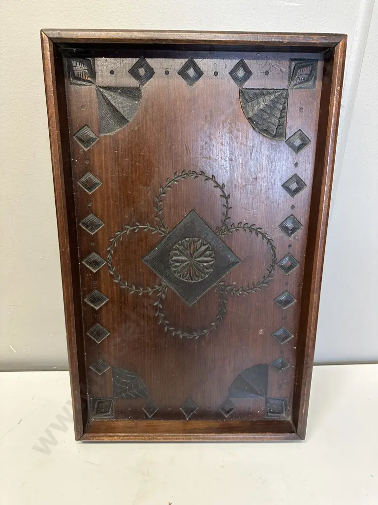 Vintage Footed Wooden Serving Tray, Carved. H6 W50 D32cm Image 1++