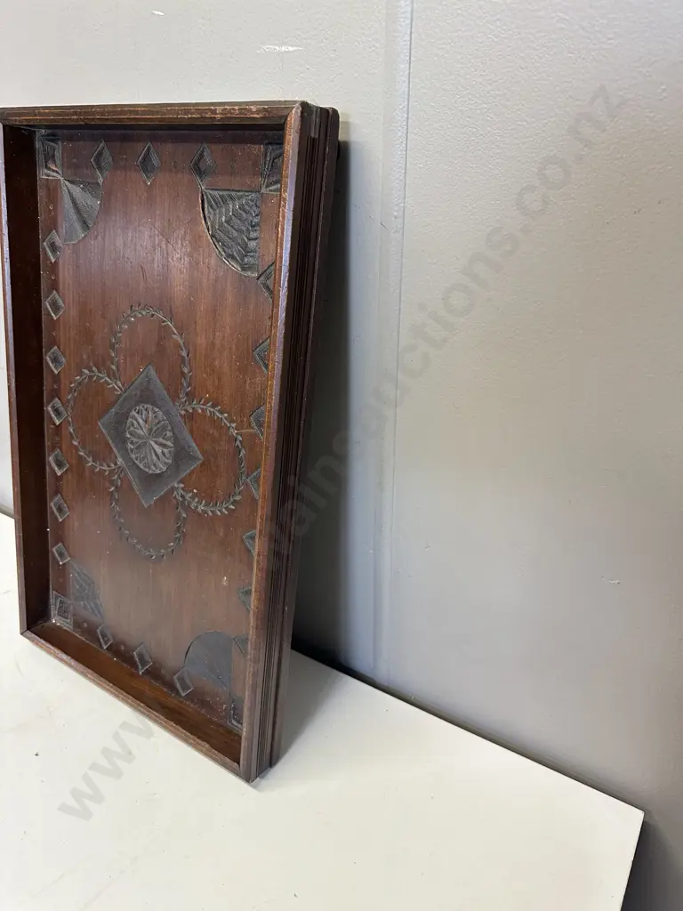 Vintage Footed Wooden Serving Tray, Carved. H6 W50 D32cm Image 1++